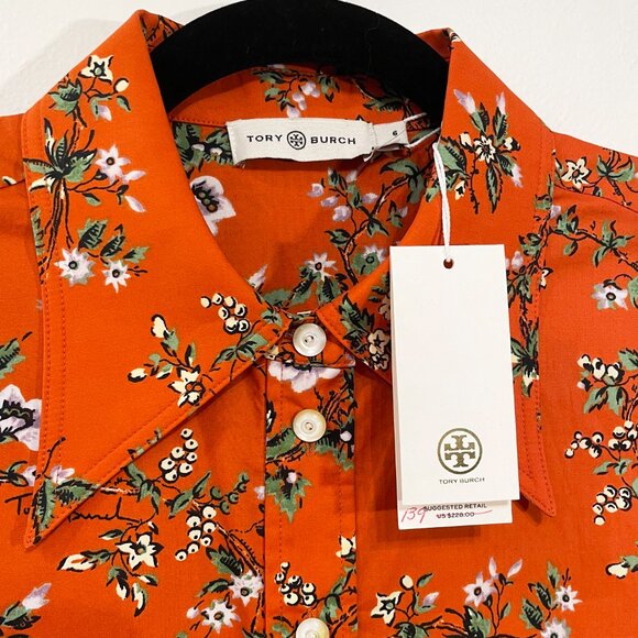 New Tory Burch Orange Floral Cotton Poplin Shirt sz 6 $228 - Picture 9 of 11